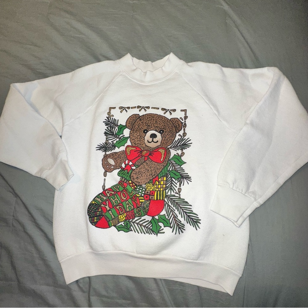 Vintage Fruit of the Loom Christmas Bear Sweatshirt White Happy Holidays Small